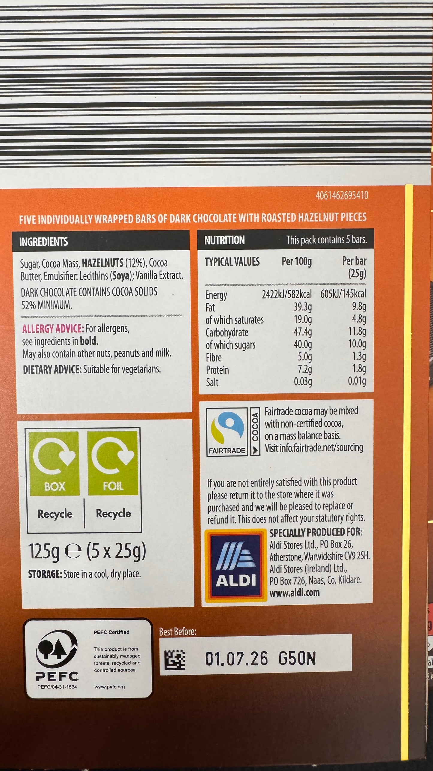 Moser Roth Hazelnut Dark Chocolate 5 individually wrapped bars 125g